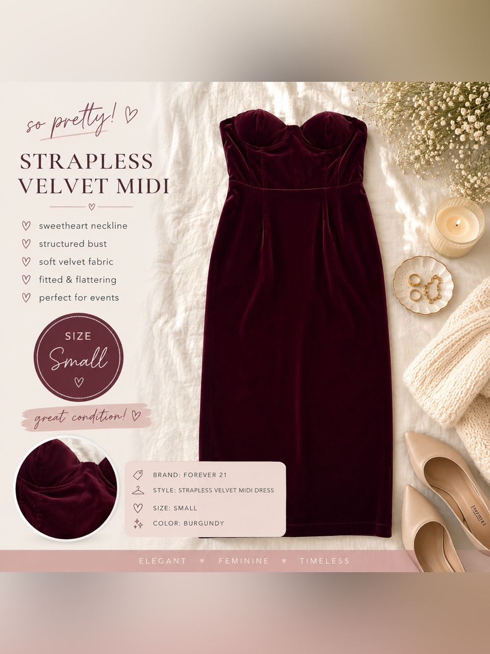 Forever 21 Strapless Burgundy Velvet Midi Dress Size Small
